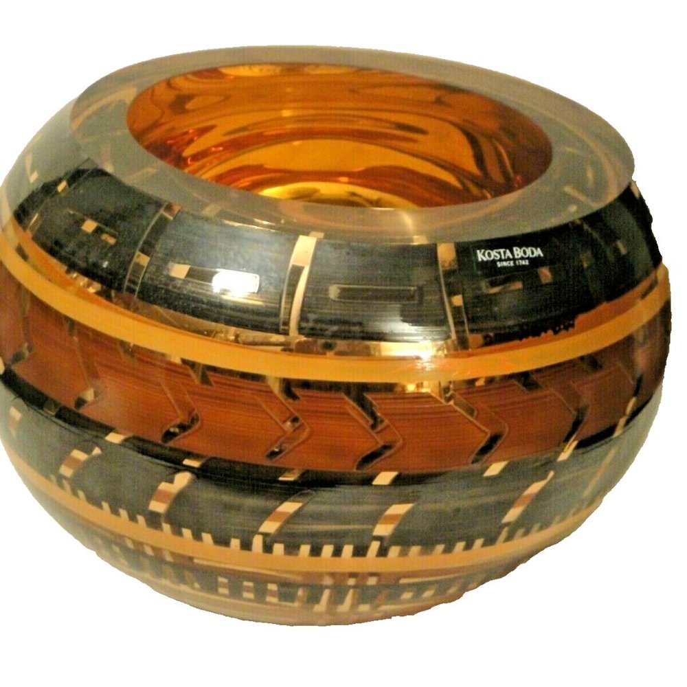 Kosta Boda Tonga Signed Brown Glass Gold Accents Large Vase Tilted Bowl